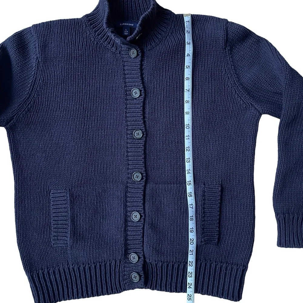 Lands End 100% Cotton Button-Up Cardigan, Navy Blue - Picture 6 of 6